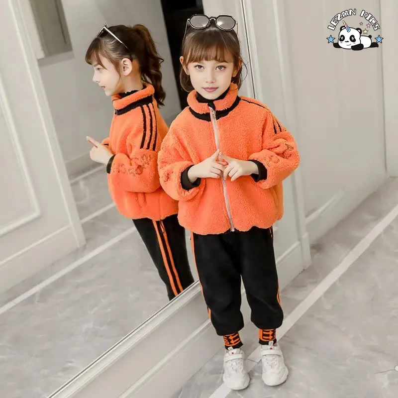 LEZONKIDS - Conjunto de Roupas de Treino para Meninas de 2 a 14 Anos, Uniforme de Fleece Polar Sólido para Outono e Inverno